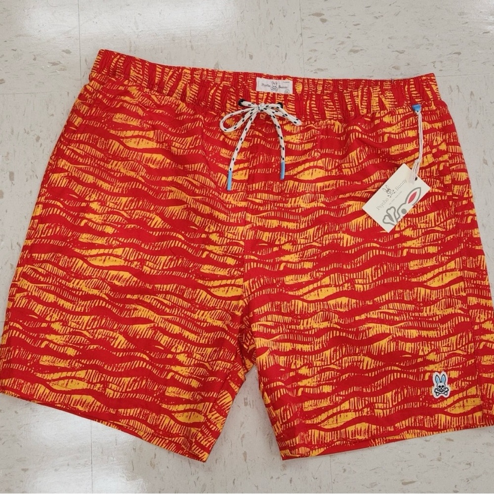 NEW Psycho Bunny Men's Foley Swim Trunks Shorts Neon Red & Yellow Size 2XL
